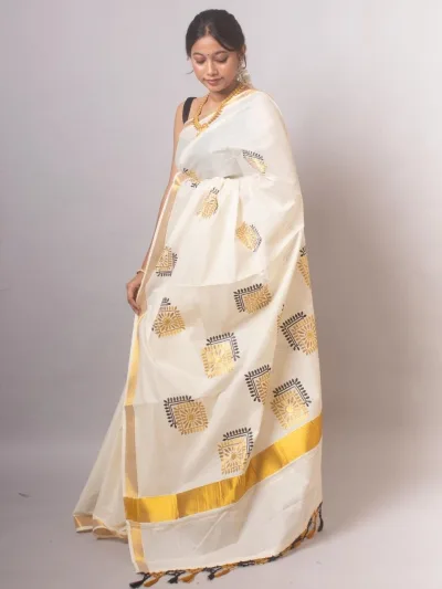 Kerala Kasavu Tissue Saree with Geometric Temple Kolam Block Print